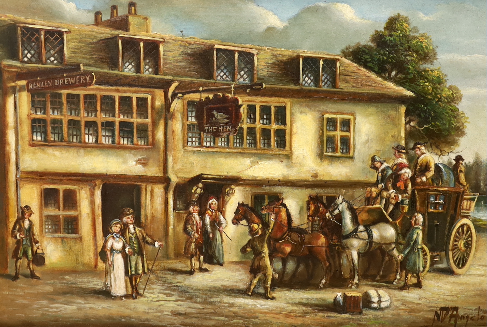 Nazzareno D'Angelo, two oils on canvas, Still life of flowers and figures before a coach house, signed, largest 50 x 75cm